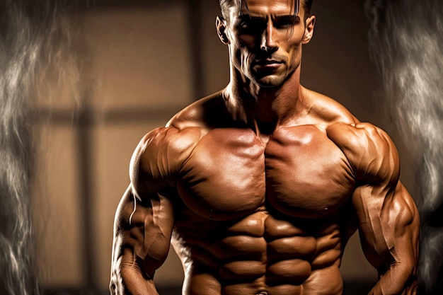 Foto bodybuilder con bella figura abbronzata e muscoli addominali addominali