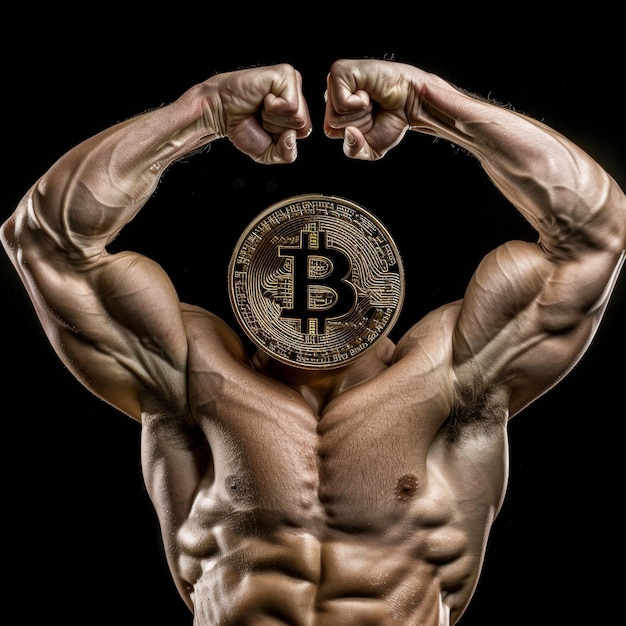 Bodybuilders imposing muscles are crowned by fists with shining Bitcoin embodying power and dominance of the cryptocurrency in the financial world Bitcoins influential role in global economics