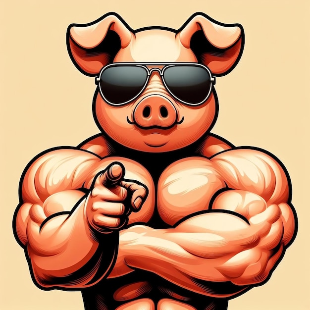 A bodybuilding pig pointing at you