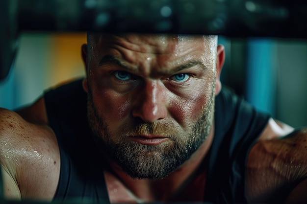 Bodybuilding portrait of a strong concentrated bald male athlete with a beard training in gym looking at camera