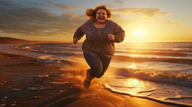 Photo bodypositive woman jogging by the sea