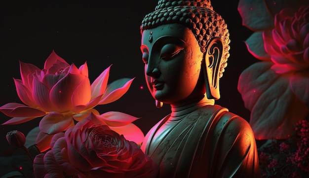 Boeddha neon met roze bloemen licht meditatie heilige illustratie afbeelding AI gegenereerde kunst