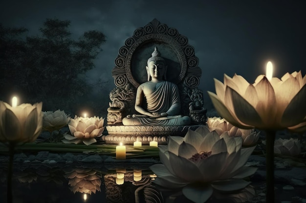 Boeddha purnima Vesak dag achtergrond Boeddhabeeld met lotusbloem en kaarslichtzijde aan de rivier