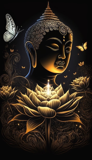 Boeddha Purnima Vesak Dag Illustratie van Boeddha met Lotus en Vlinders Achtergrond