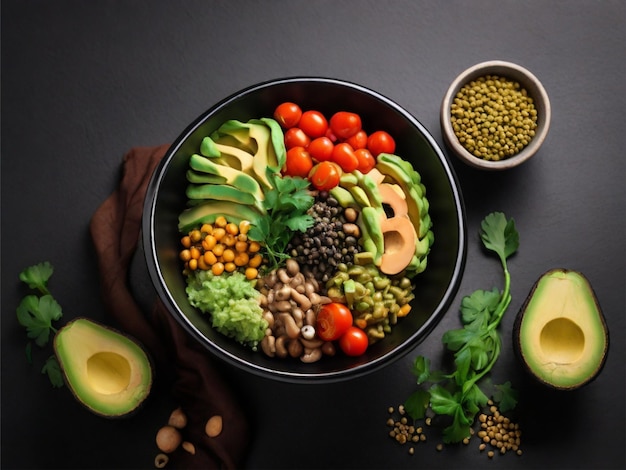 Boeddha schaal Avocado mungboon pompoen paddenstoelen tomaten en sla in een zwarte schaal Vegan Diet Top