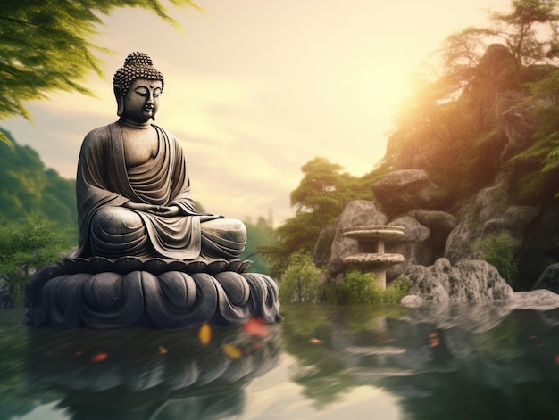 Boeddha standbeeld zittend meditatie op het meer water foto AI Generated Image