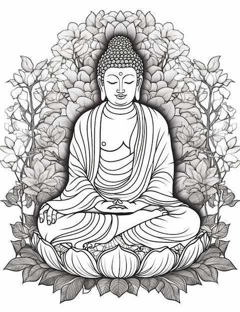 Foto boeddha zittend in de lotustuin.