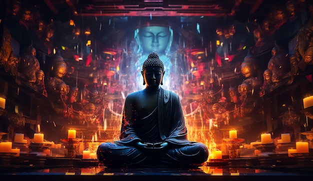 Boeddhabeeld in een meditatiepositie, spirituele kracht die de fantasiepoort opent