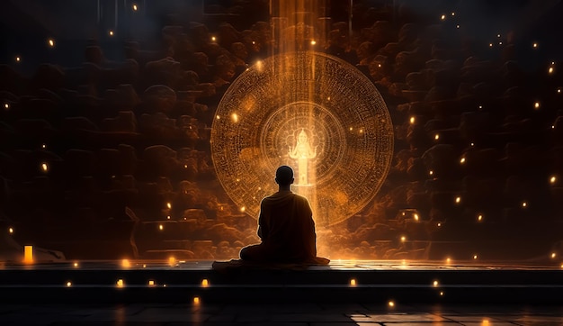 Boeddhabeeld in een meditatiepositie, spirituele kracht die de fantasiepoort opent