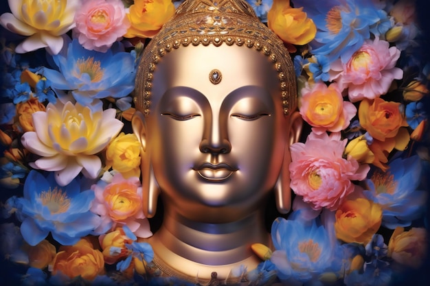 Boeddhabeeld met bloemen op de achtergrond