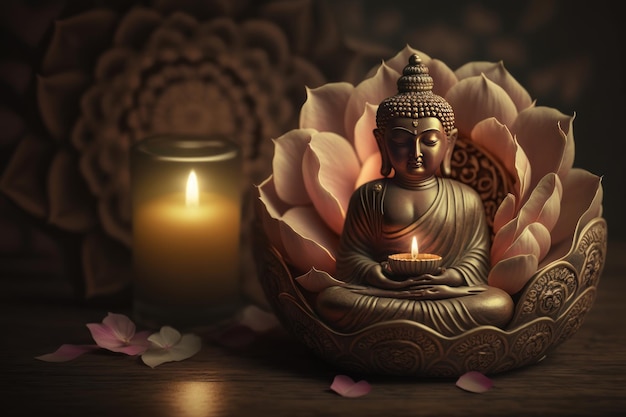 Boeddhabeeld met kaarslicht Boeddha purnima Vesak dag achtergrond Generatieve ai