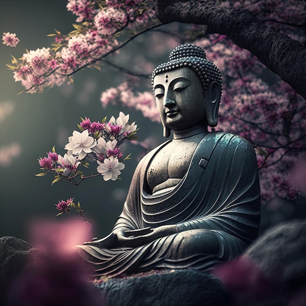 Boeddhabeeld met kersenbloesem Bemiddeling en zen-concept Generatieve AI-illustratie van gouden standbeeld van Boeddha in zen-tuin