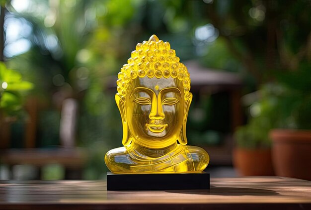 Boeddhahoofd gemaakt van transparant geel glas op het plankdecoratie-element in oosterse stijl