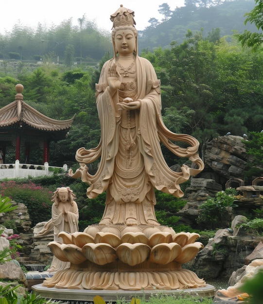 Foto boeddhist avalokiteshvara bodhisattva met een cintamani stenen standbeeld