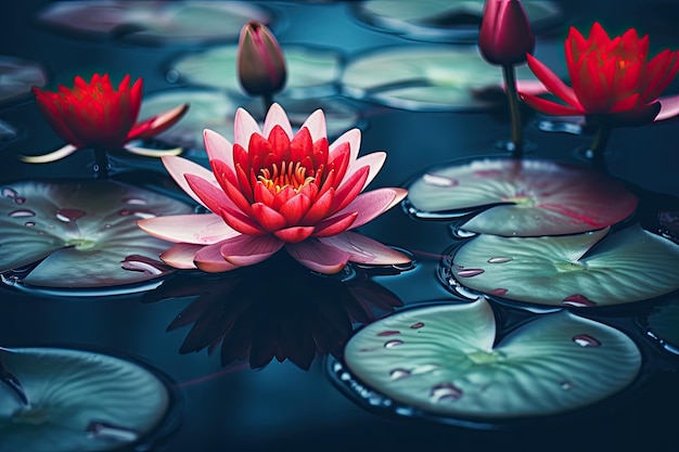 Boeddhistisch symbool rode lotus bloeit op water met blauwe bladeren zuiverheid in de natuur