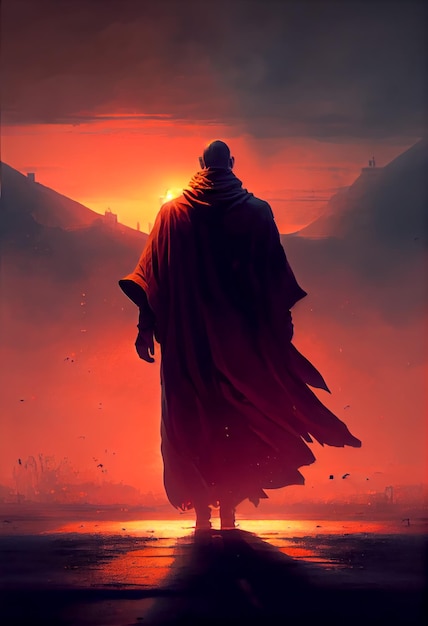 Boeddhistische monnik die weg loopt bij zonsondergang Ia generatief