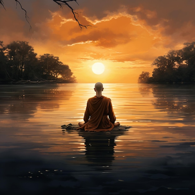 Boeddhistische monnik in diepe meditatie aan een serene oever van het meer