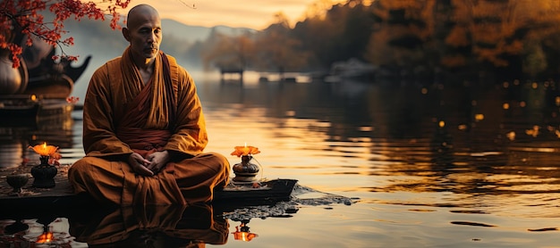 Boeddhistische monnik in meditatie bij een rustige rivier gegenereerd met AI