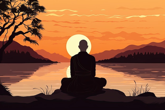 Boeddhistische monnik in meditatie bij een rustige rivier gegenereerd met AI