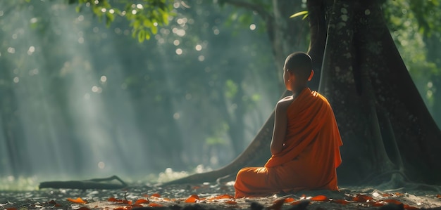 Boeddhistische monnik in meditatie naast een boom in de jungle