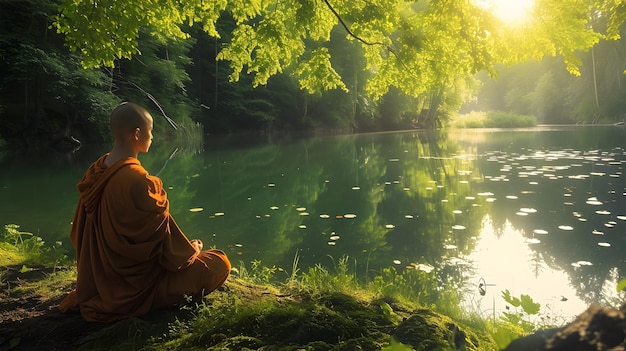 Boeddhistische monnik in meditatie naast een meer in de jungle