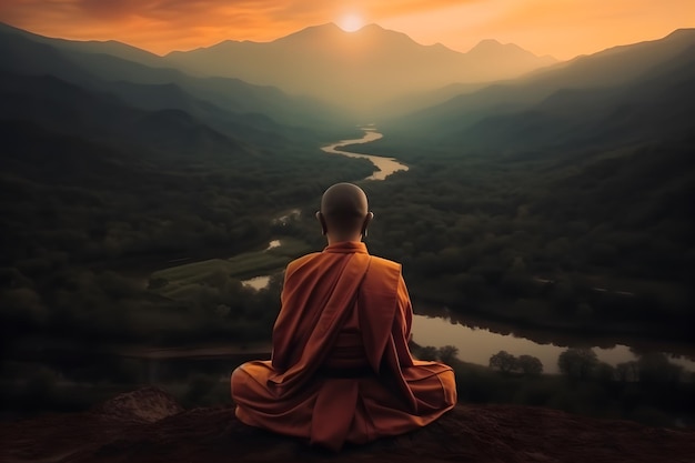 Boeddhistische monnik in meditatie op de top van een berg bij een prachtige zonsondergang of zonsopgang
