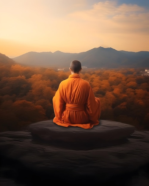 Boeddhistische monnik in meditatie op de top van een berg bij een prachtige zonsondergang of zonsopgang