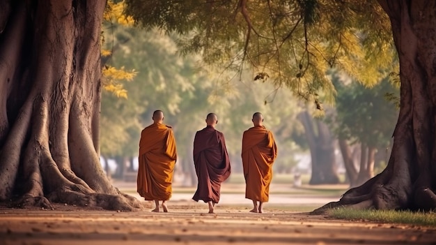 Boeddhistische monniken die in het park in Ayutthaya Thailand Generative AI lopen