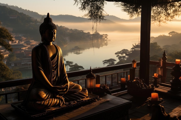 Boeddhistische retraite Gouden mist Boeddha standbeelden serene meer bij dageraad generatieve IA