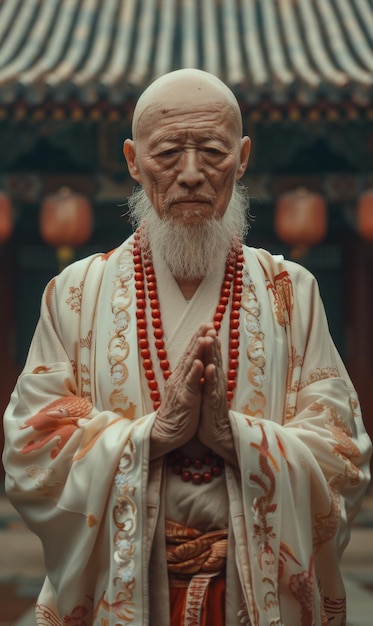 Boeddhistische Shaolin monnik bidt in nationale culturele kleding staat voor het klooster religie Boeddhisme meditatie van een gelovige monnik Leer Zen en reinig de aura open de chakra's