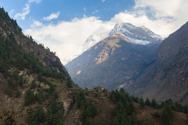 Boeddhistische stoepa op een pad in een diepe vallei in de Himalaya