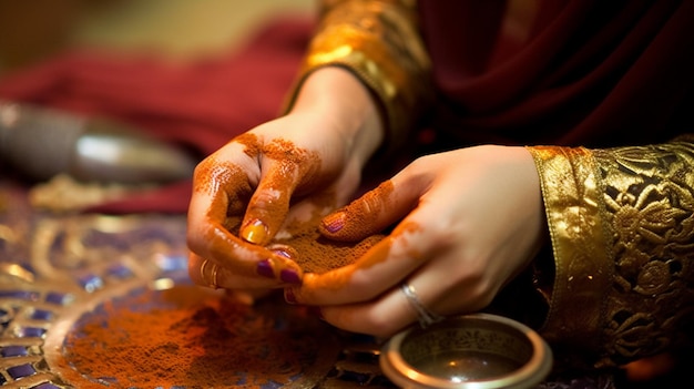 Boeiend beeld van een moslimvrouw die vakkundig henna op haar handen aanbrengt