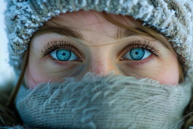 Foto boeiend close-up portret van een vrouw met blauwe ogen in winterkleding die over een sjaal kijkt