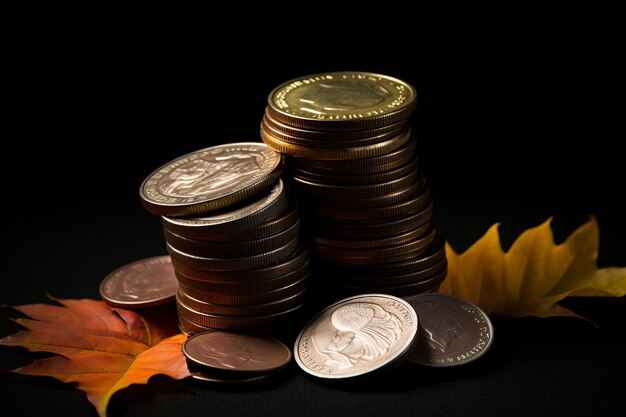 Boeiend herfstblad accenteert Indiase munten op zwarte achtergrond