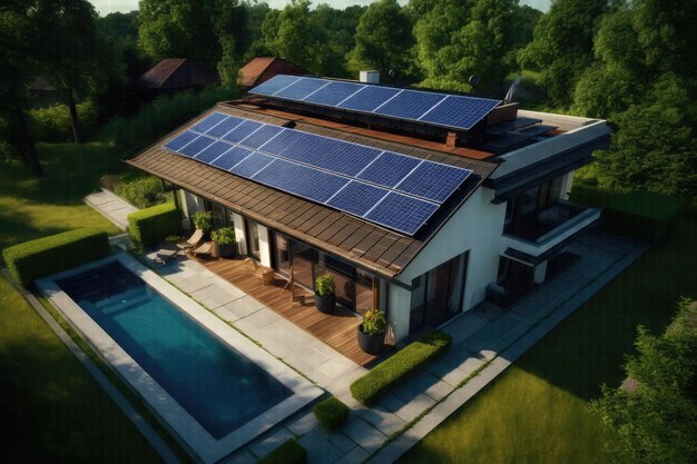 Boeiend luchtperspectief Duurzaam leven met zonnepanelen geïnstalleerd op een privéwoning