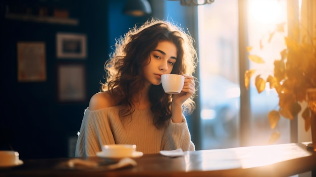 Boeiend portret van een mooi meisje dat van hete koffie geniet in een gezellige keukenfotografie