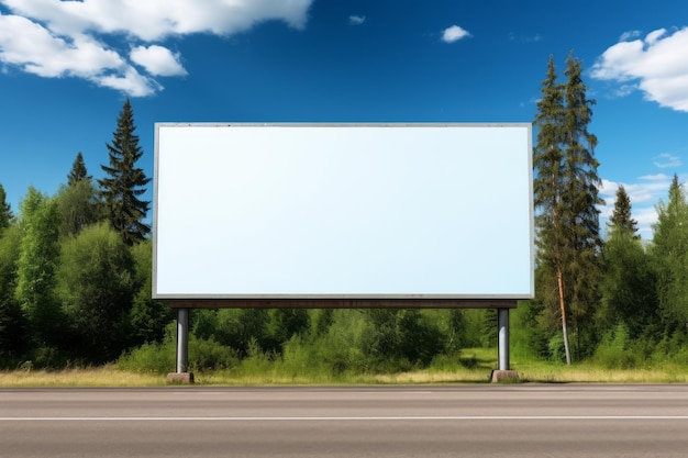 Boeiend reclamebord op reclamedoek onder blauwe luchten en weelderige bomen, een perfecte reclame