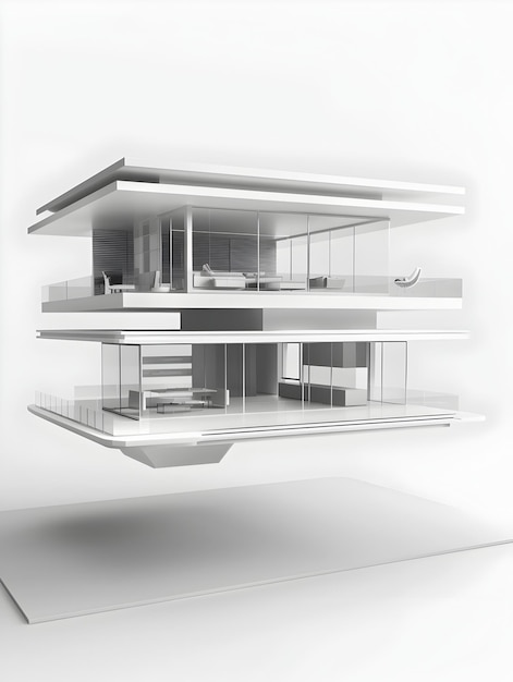 Boeiend wit model van slank minimalistisch drijvend architectonisch gebouw met functioneel interieur