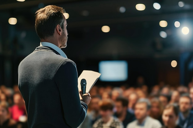 Boeiend zakelijk publiek Motiverende spreker neemt het podium op bij een dynamisch evenement