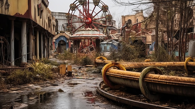 Boeiende afbeelding van een verlaten pretpark Een glimp in een chaotische omgeving