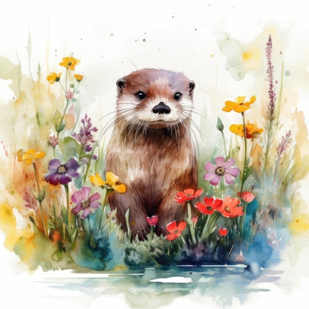 Boeiende babyotter in een kleurrijk bloemenveld aquarel schilderij