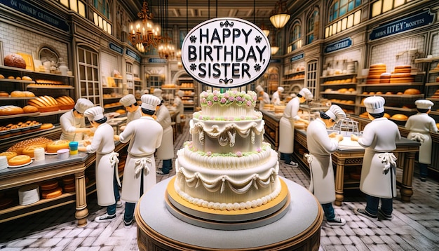 Boeiende bakkerij scene chefs maken prachtige gelukkige verjaardagstaart