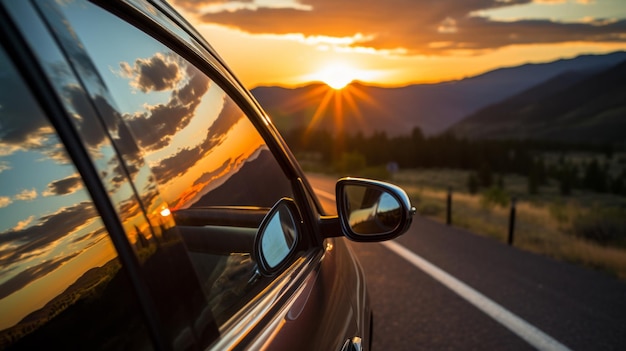 Boeiende bergroutes onthullen de majestueuze reflecties van de zonsondergang op de slanke S van uw auto