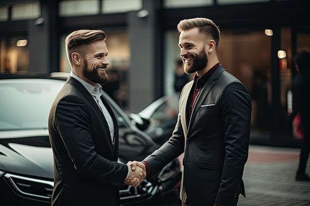 Boeiende CloseUp Sales Manager in zwart pak sluit de perfecte deal om een auto naar tevredenheid te verkopen