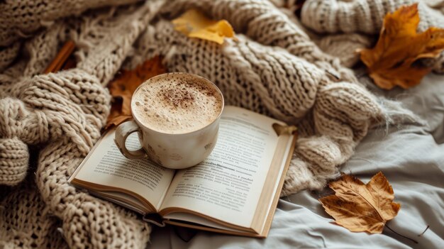 Boeiende herfst esthetiek Gezellige koffie trui en boek flatlay voor herfst vibes