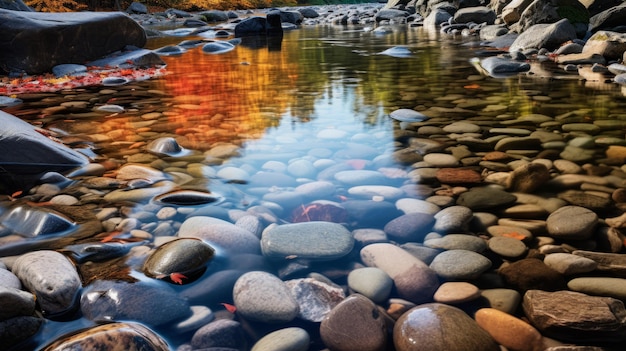 Boeiende herfstfoto van Crescent Lake Stream met kleine rivierstenen