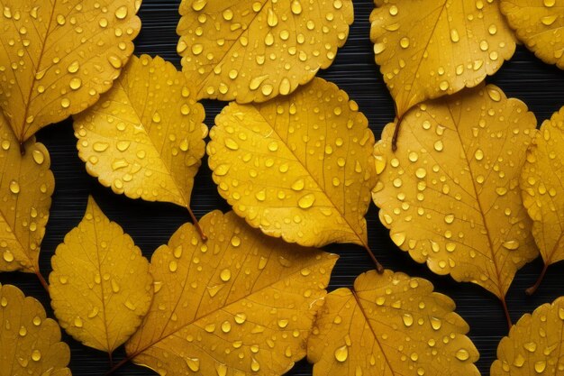 Foto boeiende herfstrust een adembenemende platte laag van smalle gele bladeren met waterdruppels o