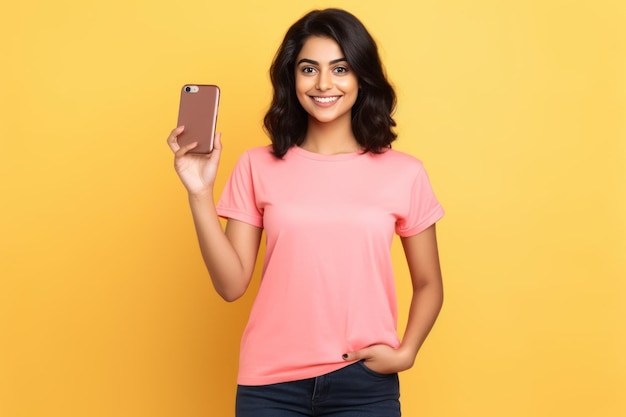 Boeiende jonge Indiase vrouw poseert met een smartphone in een stijlvol roze T-shirt met een leeg scherm.