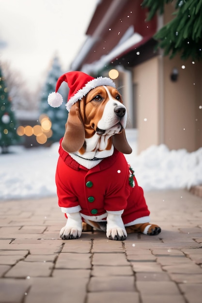 Boeiende kerstscène Basset Hound in feestelijk kostuum met Bokeh-effect