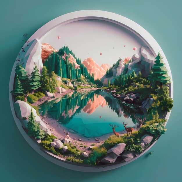 Boeiende Low Poly 3D Lake Scene Serene Nature Illustratie amp Poster